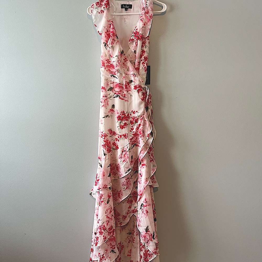 Lulus Treasure the Moment White Floral Print Ruffled Wrap Maxi Dress Size Small